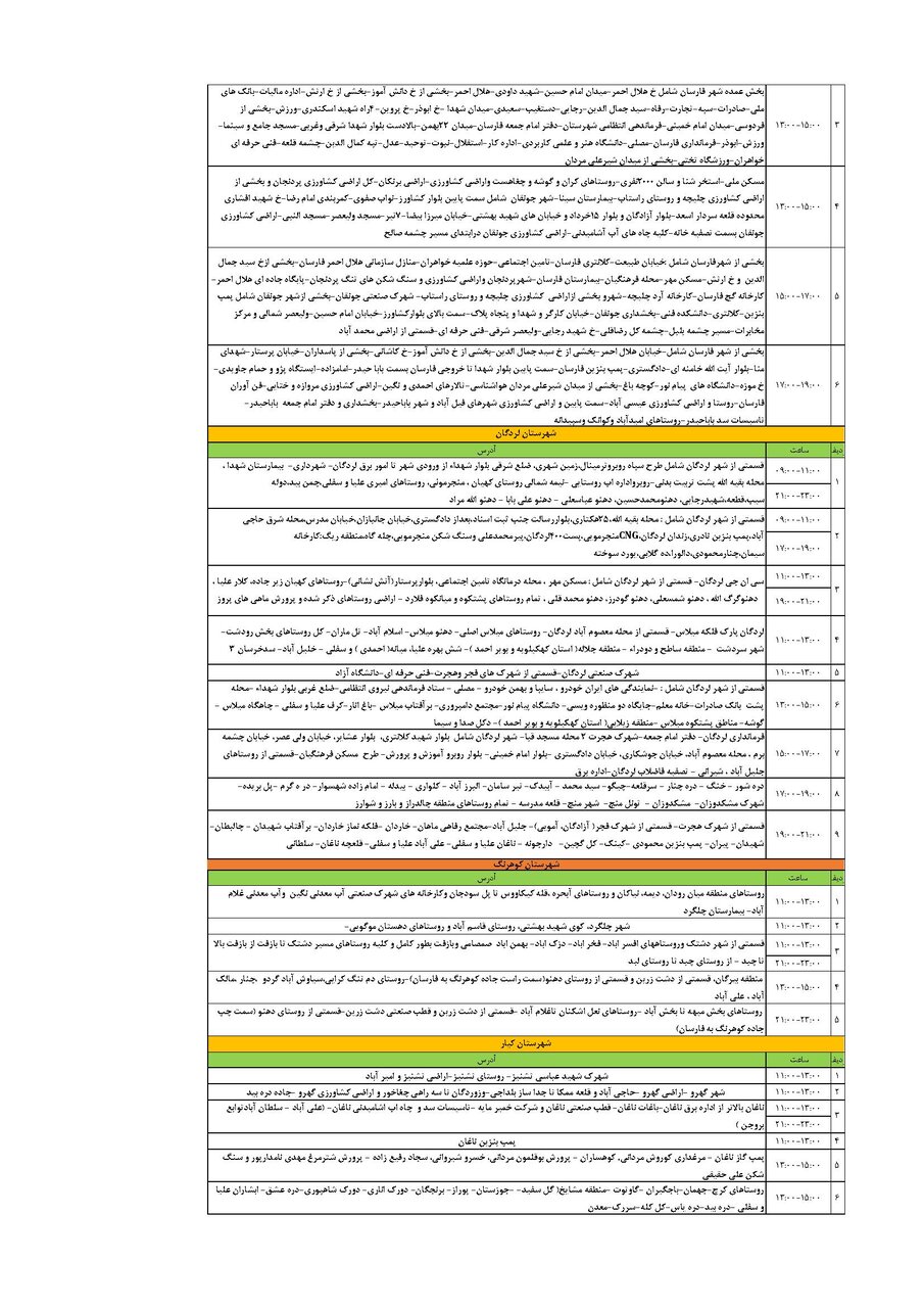 برنامه قطعی برق چهارمحال‌ و بختیاری‌ سه شنبه ۴ شهریور + جدول