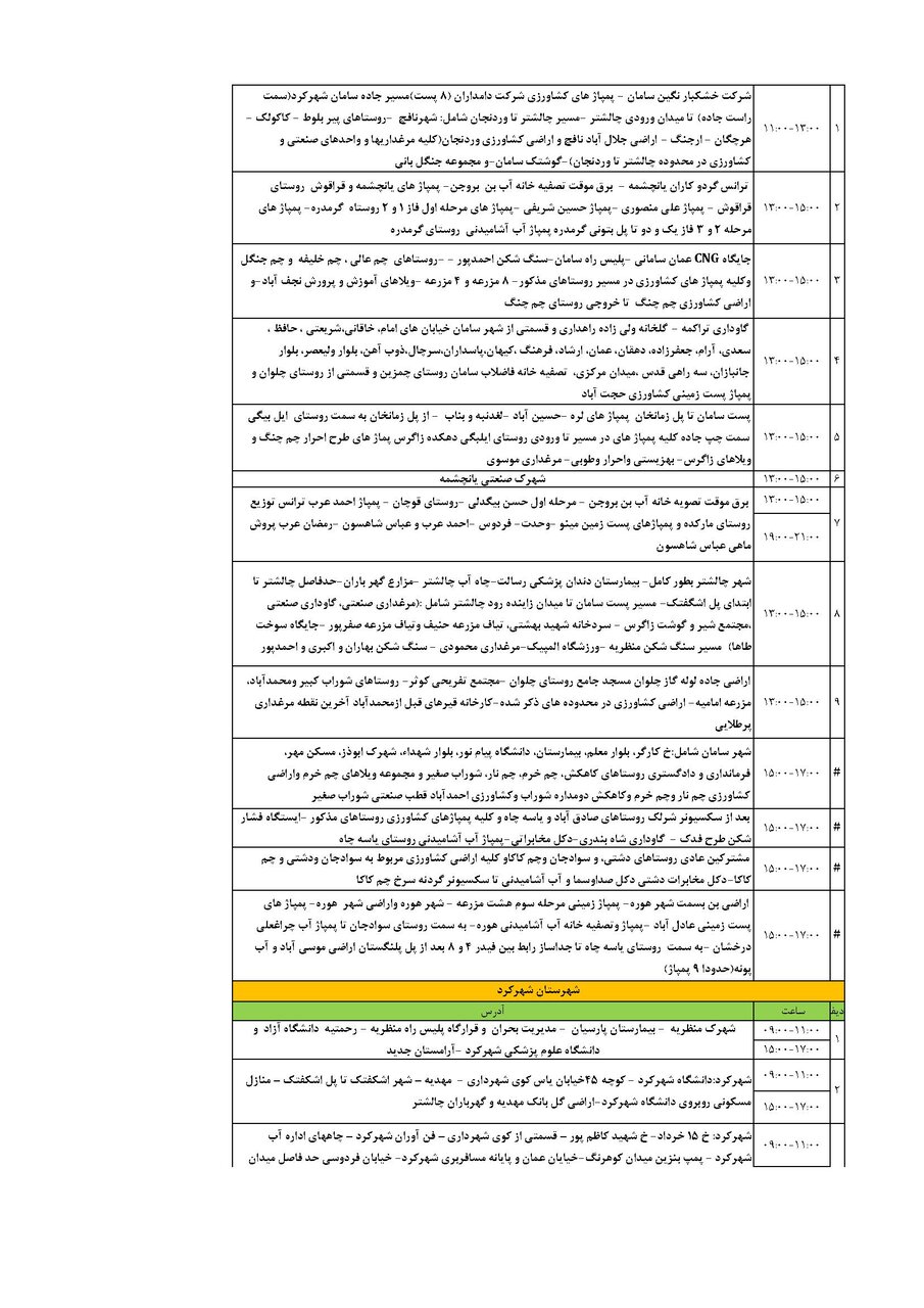 برنامه قطعی برق چهارمحال‌ و بختیاری‌ چهارشنبه ۵ شهریور + جدول