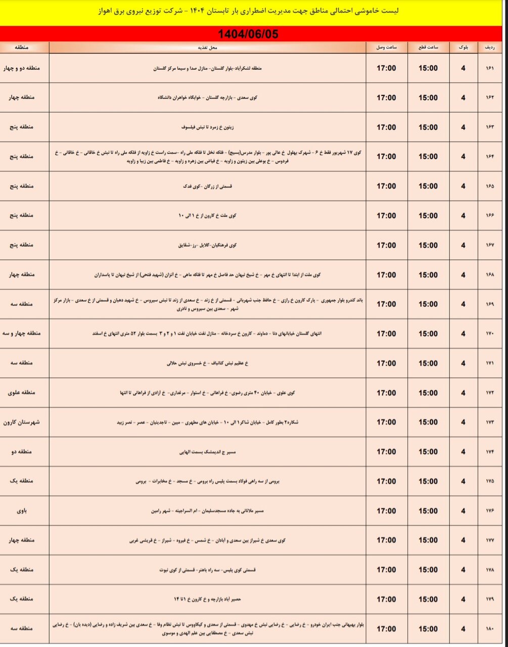 جدول خاموشی جدول خاموشی