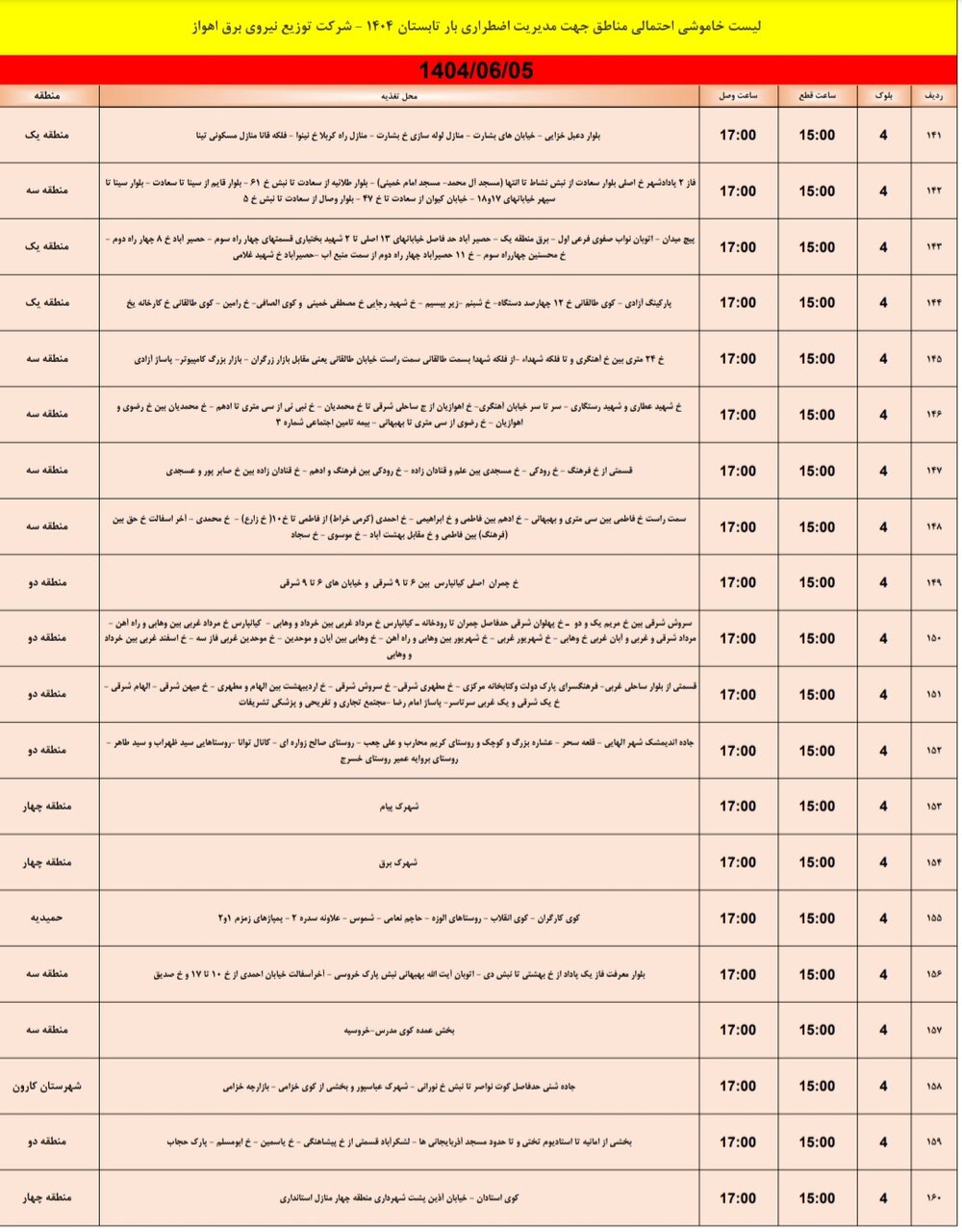 جدول خاموشی جدول خاموشی