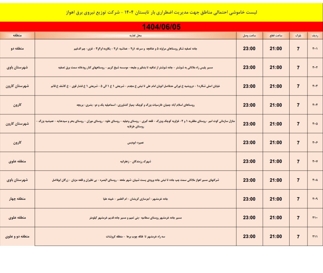 جدول خاموشی جدول خاموشی