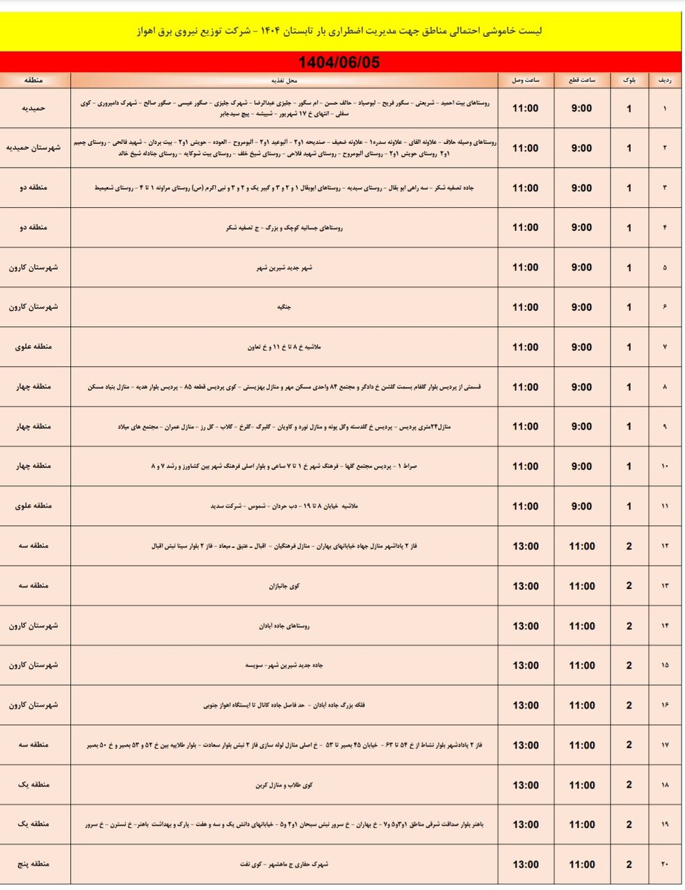 جدول خاموشی جدول خاموشی