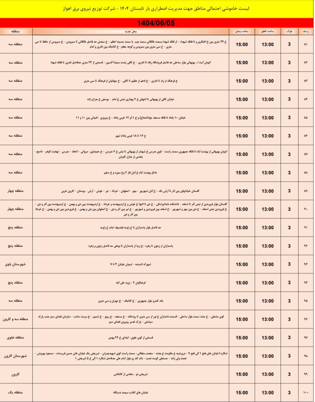 جدول خاموشی جدول خاموشی