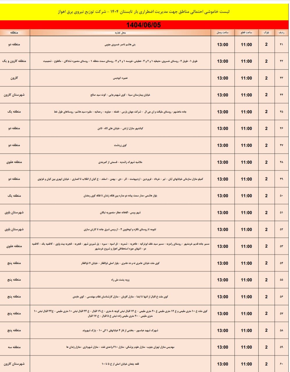 جدول خاموشی جدول خاموشی