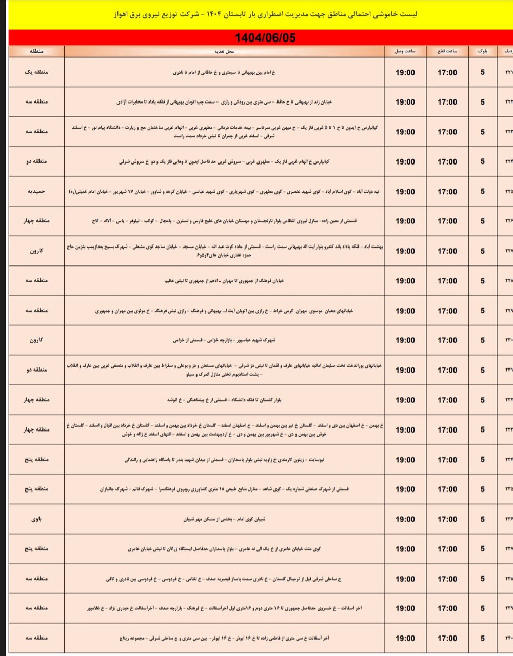 جدول خاموشی جدول خاموشی