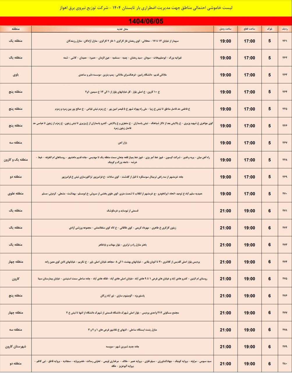 جدول خاموشی جدول خاموشی