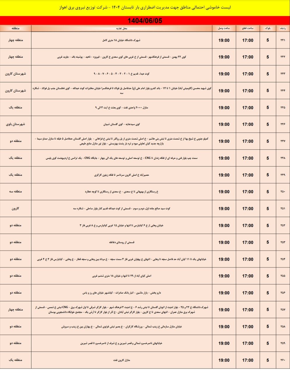 جدول خاموشی جدول خاموشی