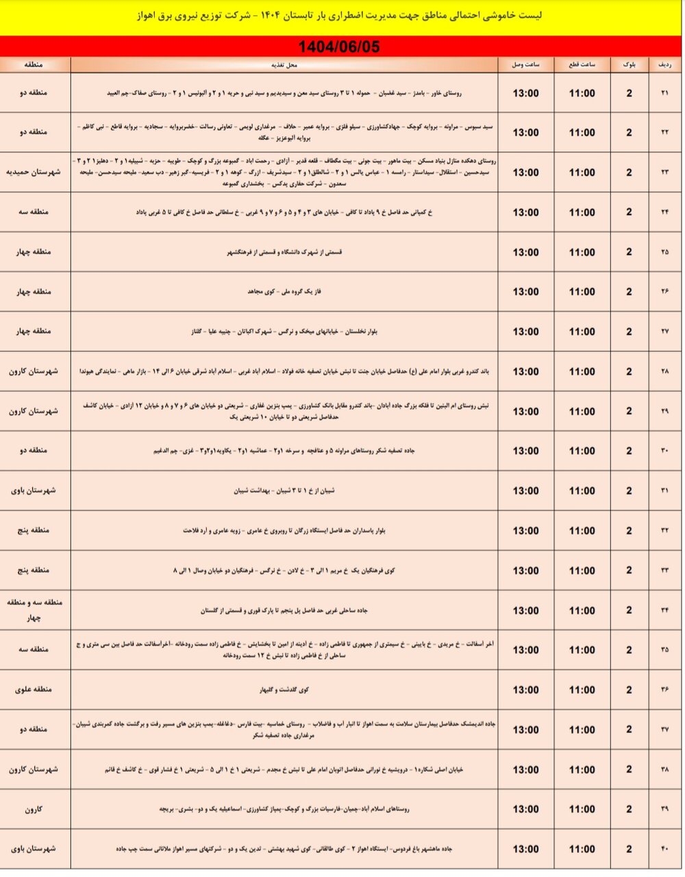 جدول خاموشی جدول خاموشی