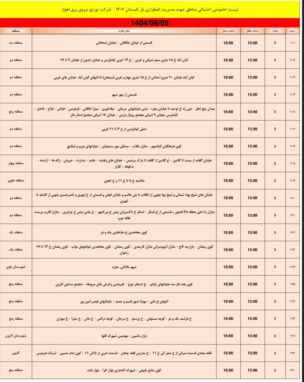 جدول خاموشی