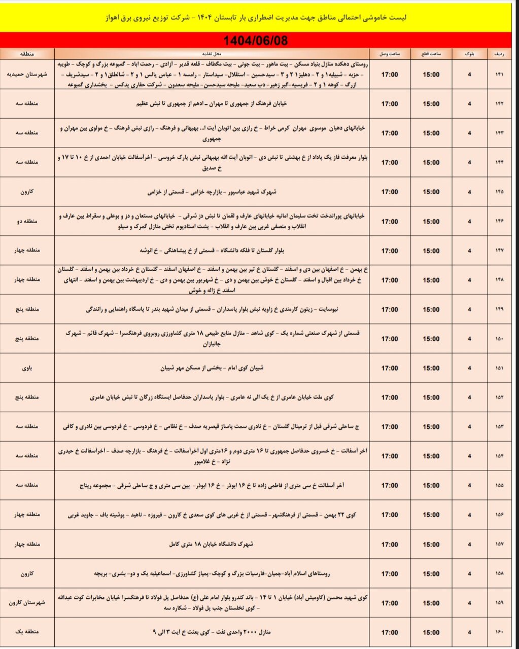 جدول خاموشی