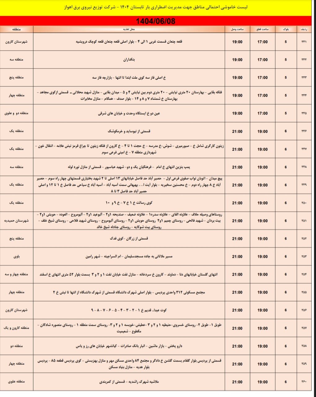 جدول خاموشی