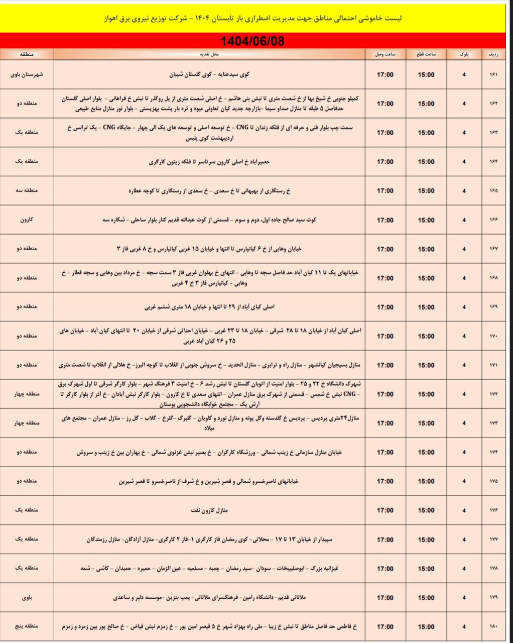 جدول خاموشی