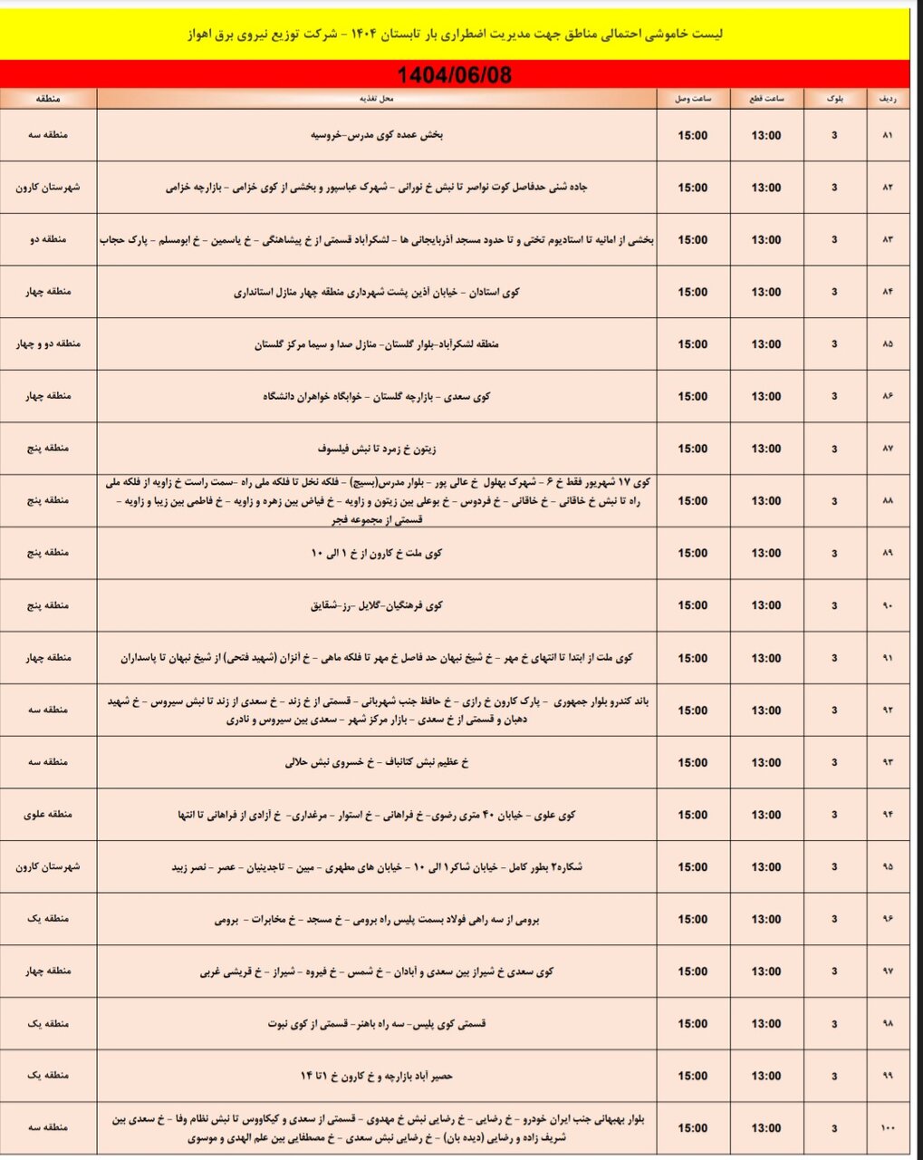 جدول خاموشی