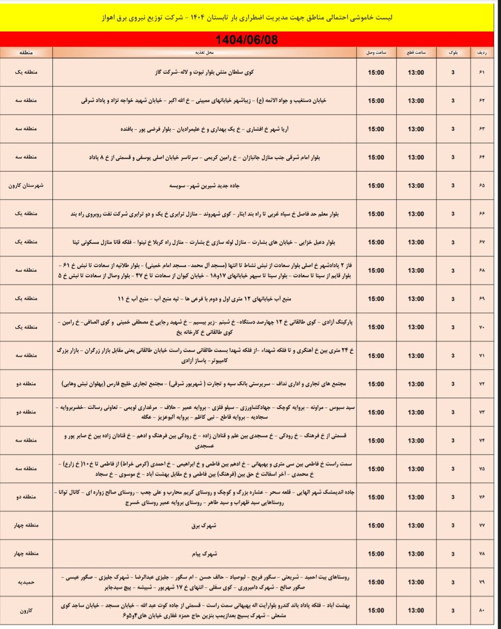 جدول خاموشی