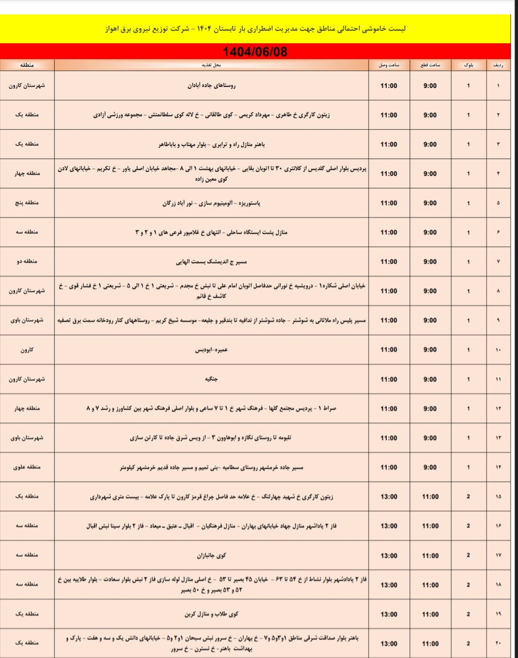 جدول خاموشی