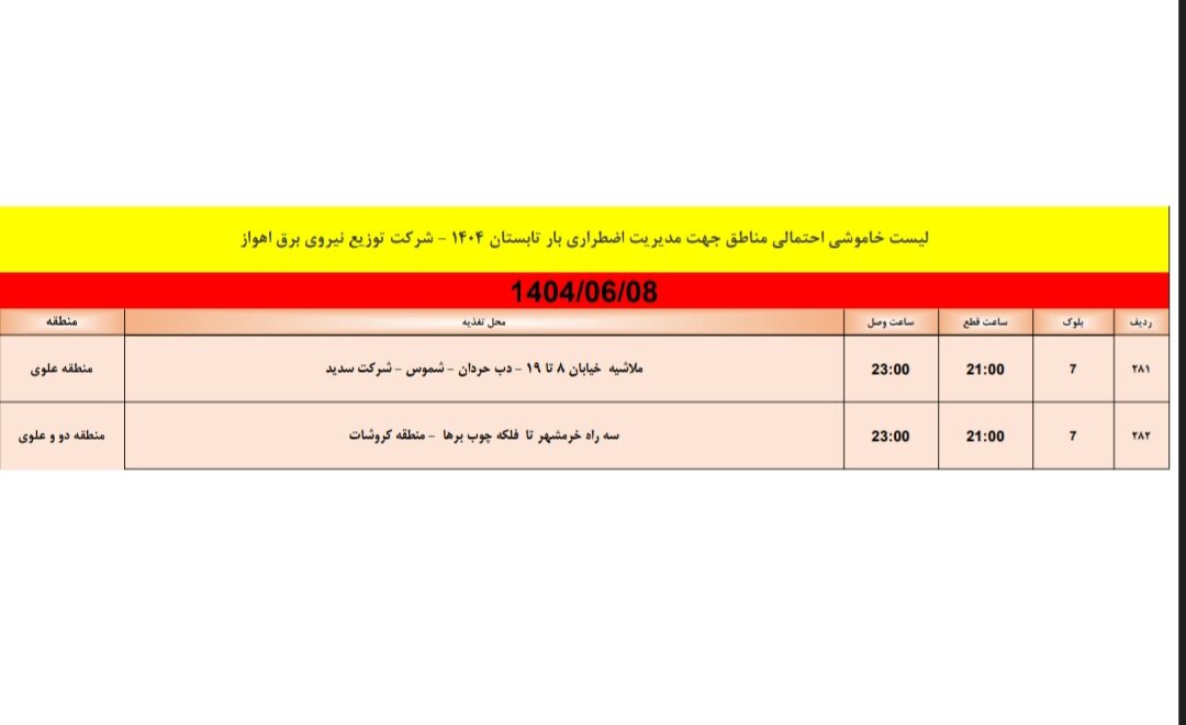 جدول خاموشی