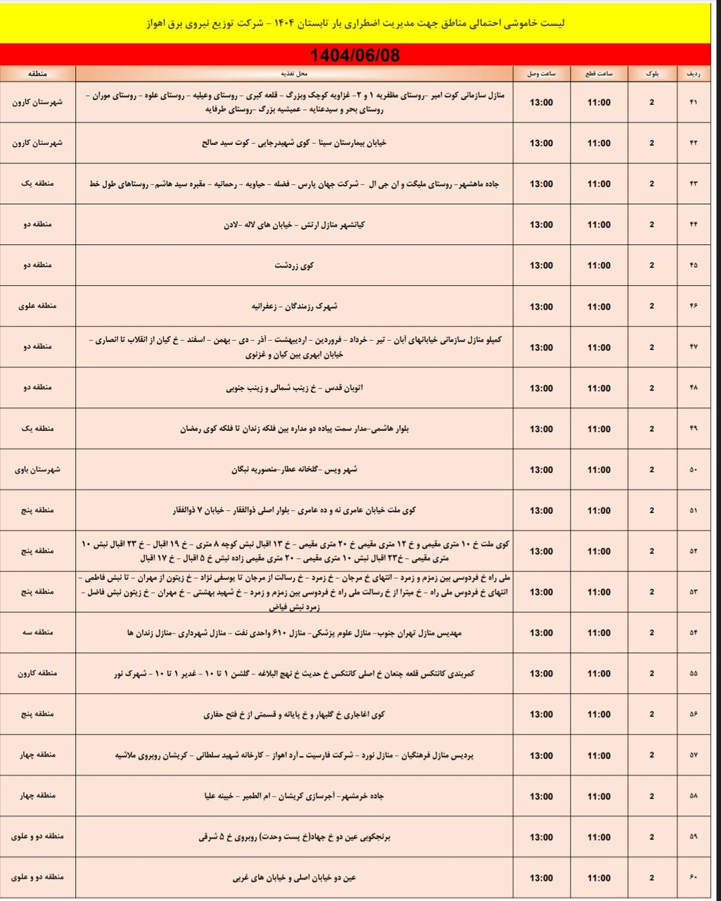 جدول خاموشی
