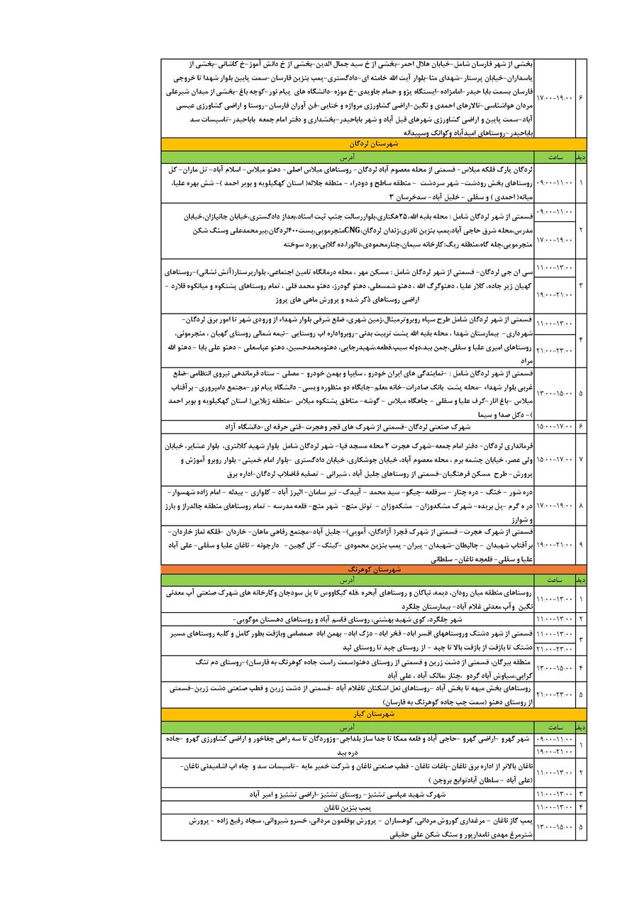 برنامه قطعی برق چهارمحال‌ و بختیاری‌ یکشنبه ۱۶ شهریور + جدول
