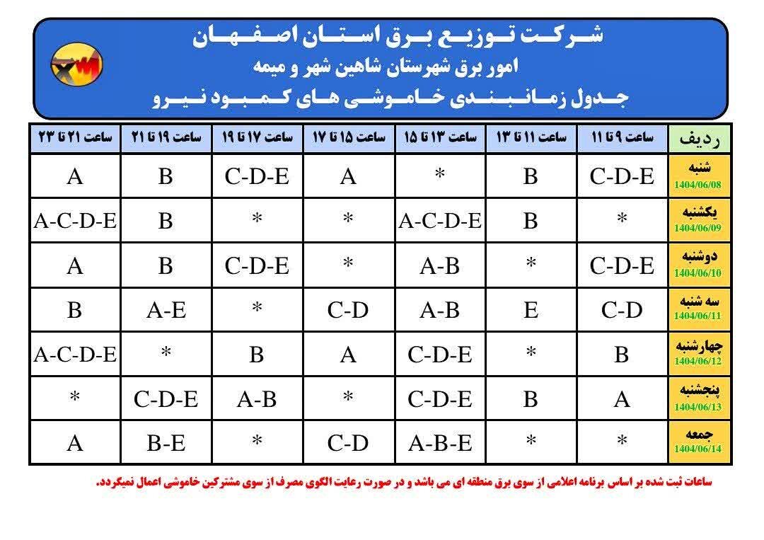 قطعی برق استان اصفهان فردا جمعه ۱۴ شهریور ۱۴۰۴ + جدول